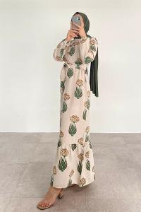 Soft Brown Mandarin Collar Linen Printed Dresess