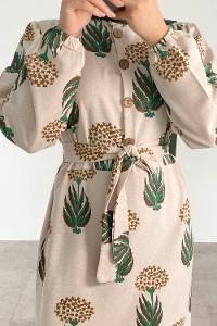 Soft Brown Mandarin Collar Linen Printed Dresess