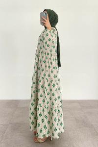 Emerald Green Crew Neck Cotton Printed Dresess