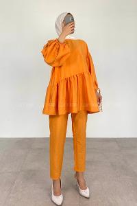 Orange Crew Neck Balloon Sleeve Arm Without Accessories Viscose Fabric Regular Trousers Comfortable Suit