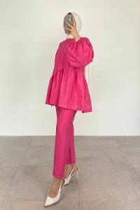 Candy Pink Crew Neck Balloon Sleeve Arm Without Accessories Viscose Fabric Regular Trousers Comfortable Suit