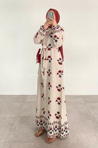 Claret Red Crew Neck Linen Printed Dresess