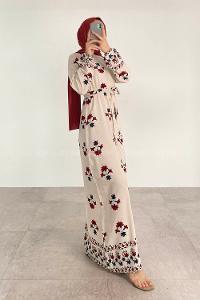 Claret Red Crew Neck Linen Printed Dresess