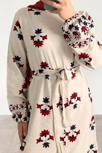 Claret Red Crew Neck Linen Printed Dresess