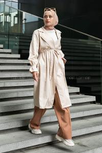 Beige Long Arm Belted Trench Coat
