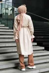 Beige Long Arm Belted Trench Coat