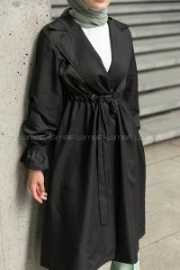 Black Long Arm Belted Trench Coat