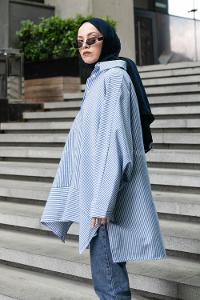 Blue Shirt Collar Bat Sleeve Arm Viscose Fabric Printed Shirt