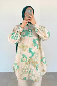 Green Shirt Collar Long Arm Viscose Fabric Printed Shirt
