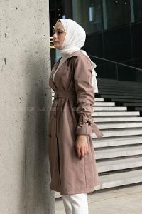 Brown Long Arm Belted Cotton Trench Coat
