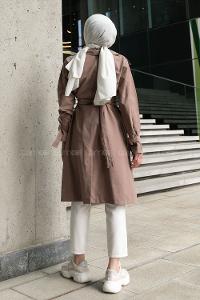 Brown Long Arm Belted Cotton Trench Coat