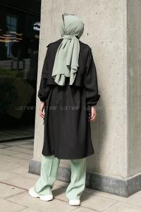 Black V Neck Long Arm Belted Topcoat