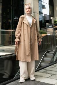 Beige Long Arm Belted Buttoned Viscose Fabric Trench Coat