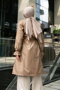 Beige Long Arm Belted Buttoned Viscose Fabric Trench Coat