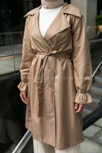 Beige Long Arm Belted Buttoned Viscose Fabric Trench Coat