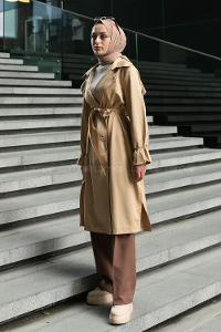 Camel Long Arm Belted Buttoned Parachute Fabric Trench Coat