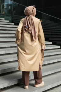 Camel Long Arm Belted Buttoned Parachute Fabric Trench Coat