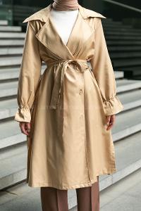Camel Long Arm Belted Buttoned Parachute Fabric Trench Coat