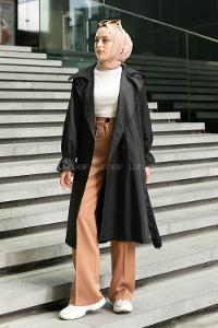 Black Long Arm Belted Buttoned Parachute Fabric Trench Coat