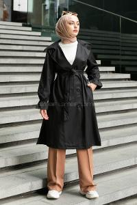 Black Long Arm Belted Buttoned Parachute Fabric Trench Coat