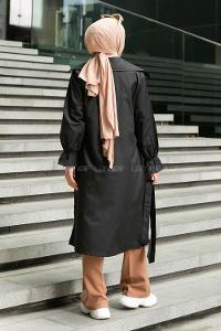 Black Long Arm Belted Buttoned Parachute Fabric Trench Coat