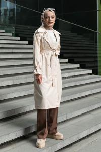 Stone Long Arm Belted Buttoned Parachute Fabric Trench Coat