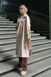 Stone Long Arm Belted Buttoned Parachute Fabric Trench Coat