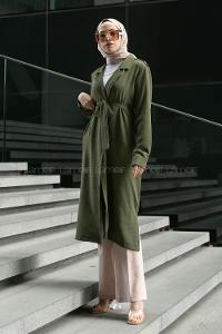 Khaki V Neck Long Arm Belted Buttoned Topcoat
