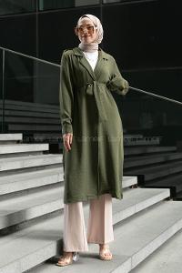 Khaki V Neck Long Arm Belted Buttoned Topcoat