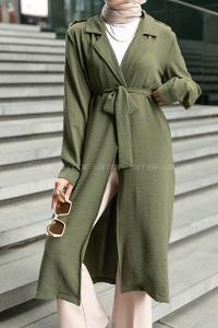 Khaki V Neck Long Arm Belted Buttoned Topcoat