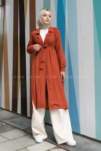 Tile V Neck Long Arm Belted Buttoned Topcoat