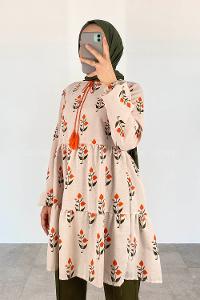 Orange Foulard Neck Linen Printed Tunic