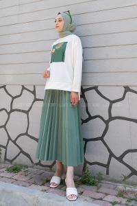 Plum Green Crew Neck Long Arm Without Accessories Viscose Fabric Pleated Suit