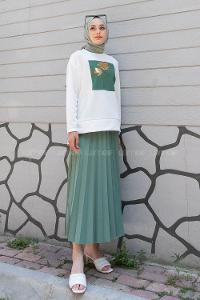 Plum Green Crew Neck Long Arm Without Accessories Viscose Fabric Pleated Suit