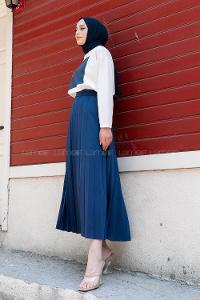 Indigo Crew Neck Long Arm Without Accessories Viscose Fabric Pleated Suit