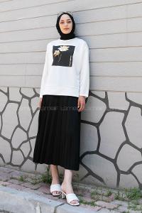 Black Crew Neck Long Arm Without Accessories Viscose Fabric Pleated Suit