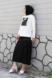 Black Crew Neck Long Arm Without Accessories Viscose Fabric Pleated Suit