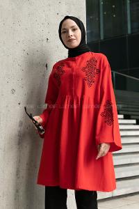 Red Mandarin Collar Linen Printed Tunic