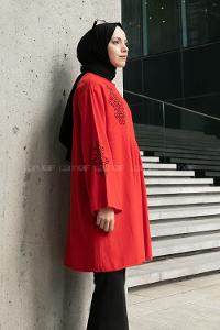 Red Mandarin Collar Linen Printed Tunic