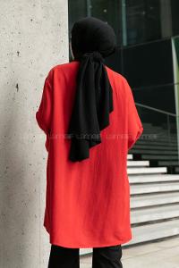 Red Mandarin Collar Linen Printed Tunic