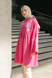 Pink Mandarin Collar Linen Printed Tunic
