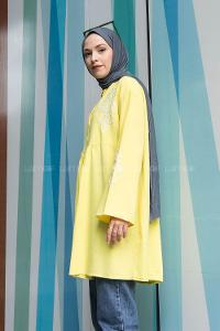 Yellow Mandarin Collar Linen Printed Tunic
