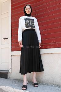 Black Crew Neck Long Arm Without Accessories Viscose Fabric Pleated Suit