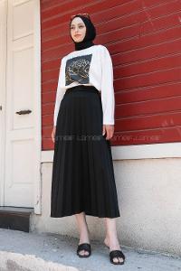 Black Crew Neck Long Arm Without Accessories Viscose Fabric Pleated Suit