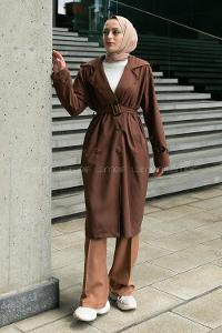 Brown Long Arm Belted Buckle Viscose Fabric Trench Coat
