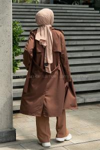 Brown Long Arm Belted Buckle Viscose Fabric Trench Coat