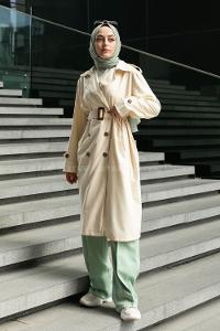 Stone Long Arm Belted Buckle Viscose Fabric Trench Coat