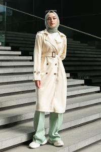 Stone Long Arm Belted Buckle Viscose Fabric Trench Coat
