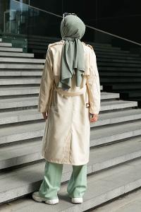 Stone Long Arm Belted Buckle Viscose Fabric Trench Coat