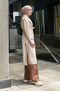 Beige Long Arm Buttoned Parachute Fabric Trench Coat